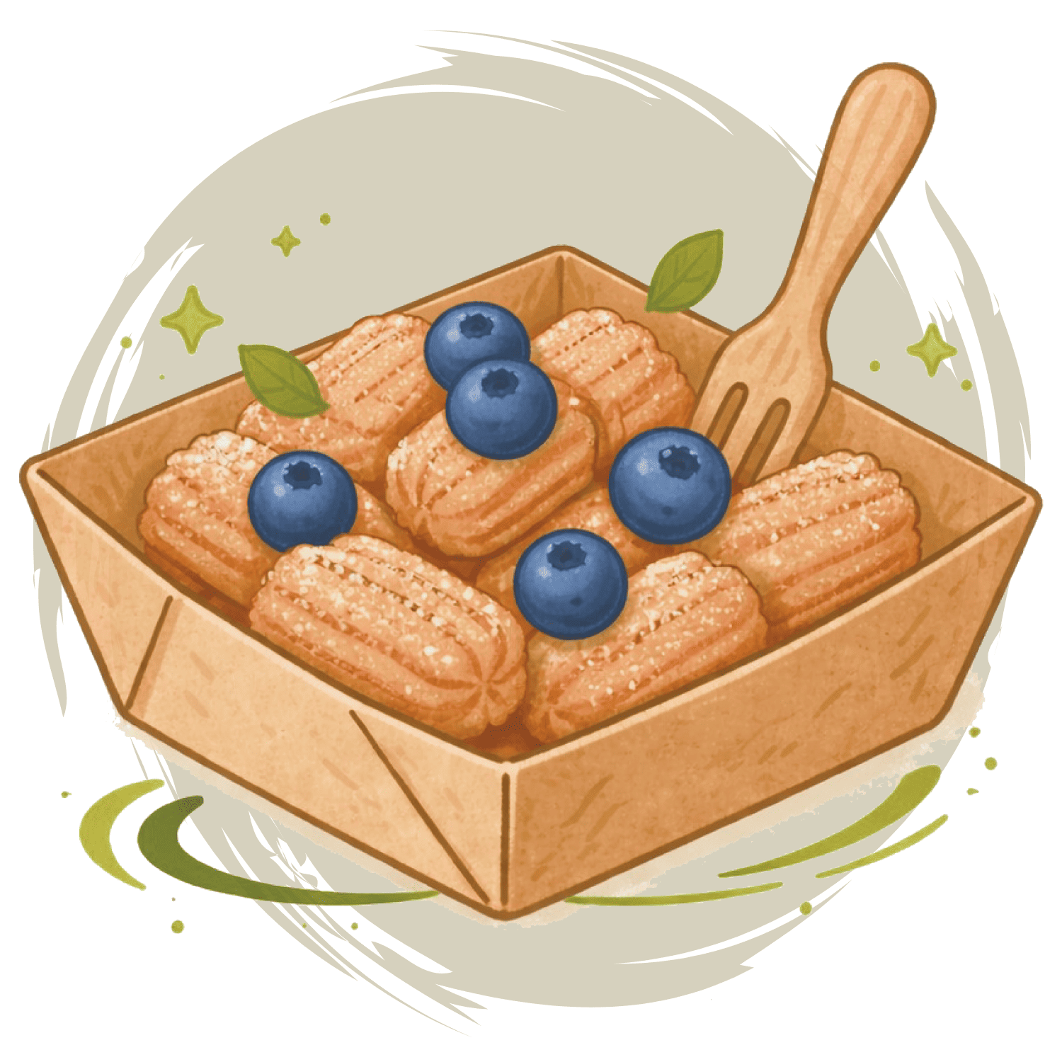 Illustration douce d'une barquette en kraft remplie de mini churros vegan saupoudrés de sucre, décorée de myrtilles fraîches et d'une fourchette en bois.