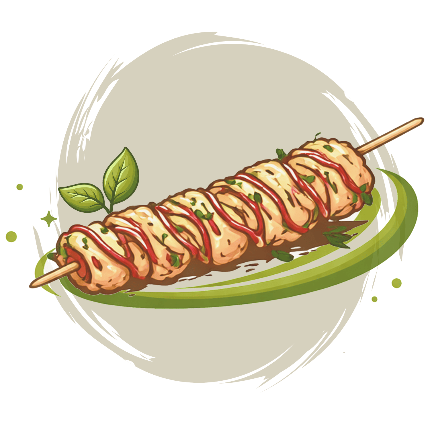Illustration d'un Churros Dog végétarien en brochette, torsadé et doré, nappé d'un filet de sauce tomate et d'herbes fraîches, style artistique aux tons doux.