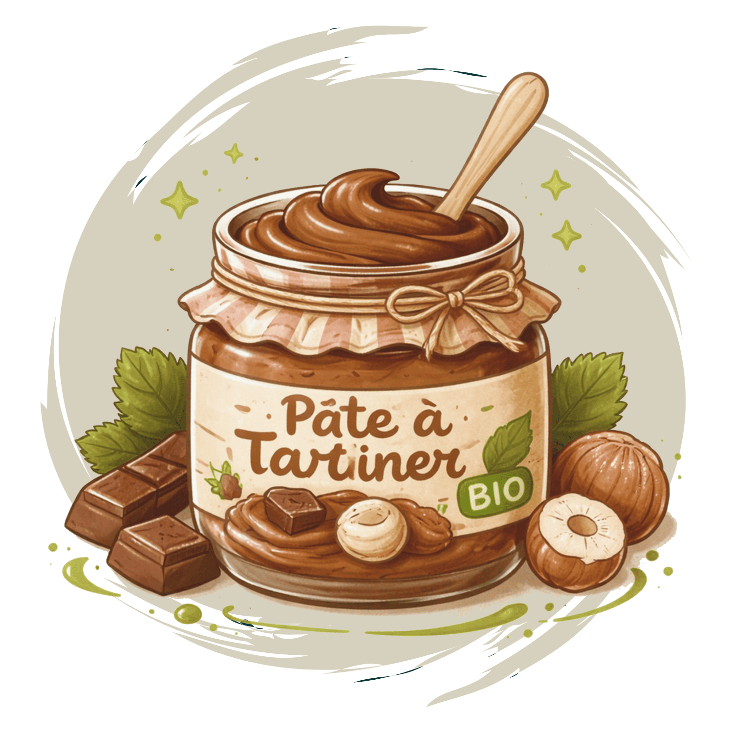 Illustration artisanale d'un pot de pâte à tartiner bio onctueuse avec une cuillère en bois, entouré de noisettes fraîches et de carrés de chocolat noir, style aquarelle aux tons terreux.