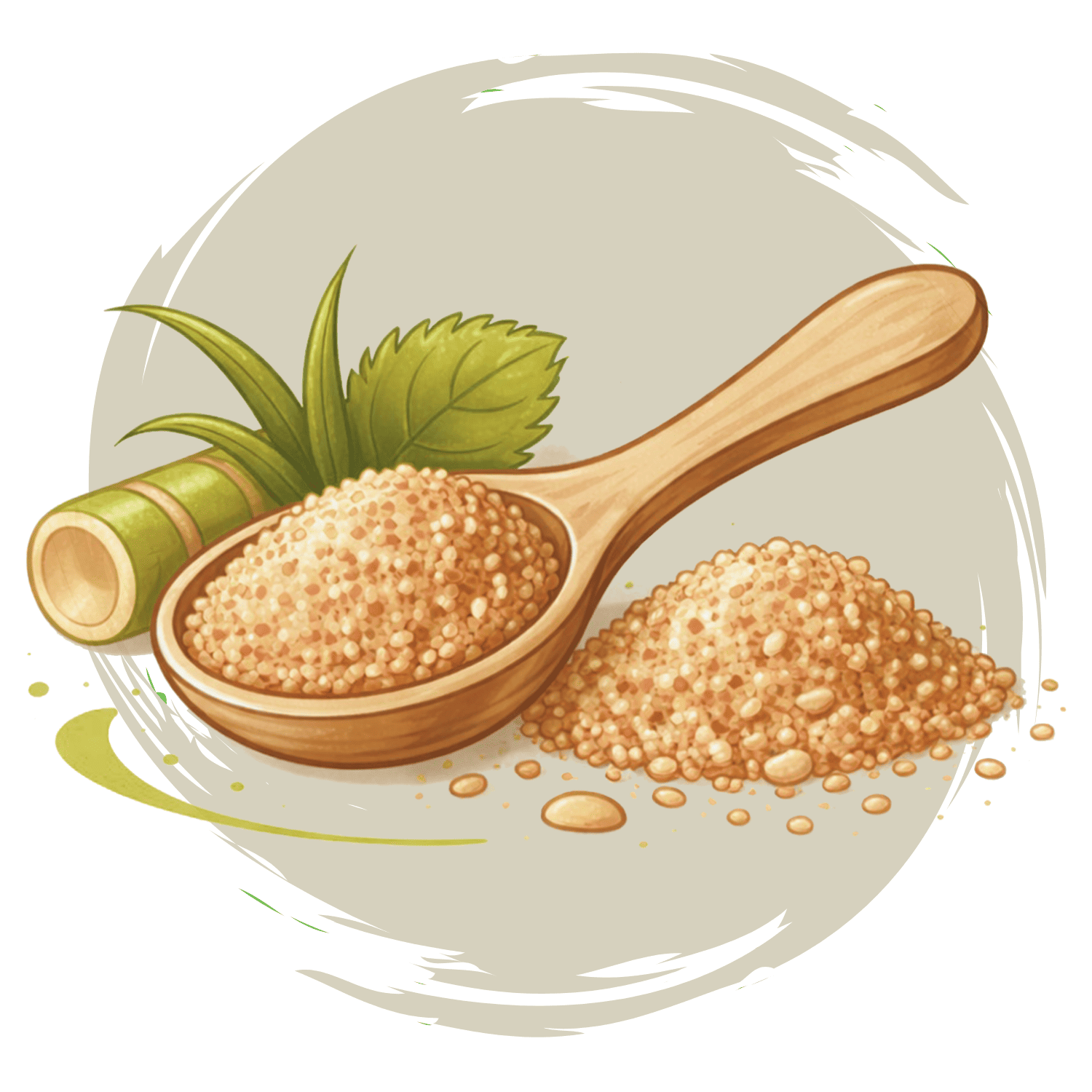 Illustration d'une cuillère en bois généreuse remplie de sucre roux complet, accompagnée d'un petit tas de grains de sucre et d'une tige de canne à sucre fraîche, style aquarelle aux tons chauds.