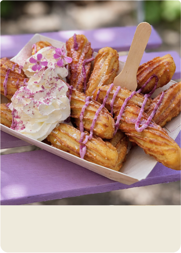 photo d'une barquette de mini churros avec nappage à chantilly et taro